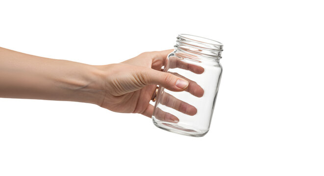 hand holding a empty glass jar isolated PNG on transparent background 