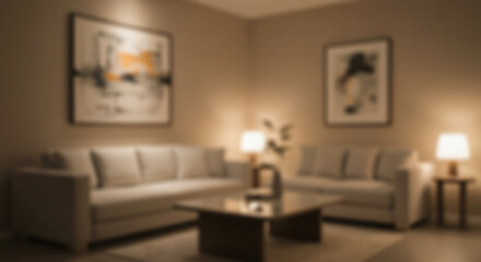 a modern blur background living room with a large, comfortable sectional sofa, framed artwork, and...