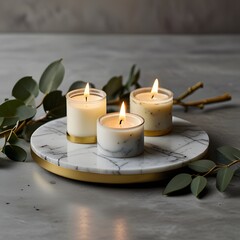 Cozy Aesthetic with Lit Candles and Greenery on Marble Tray
