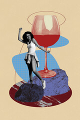 Image pop creative artwork collage of happy girl guy dance wine glass beverage celebration rock piece champagne alcohol bar