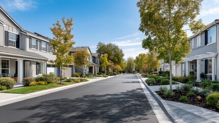 Bright sunny day in a residential neighborhood showcasing low houses with modern designs and clean streets under a clear blue sky