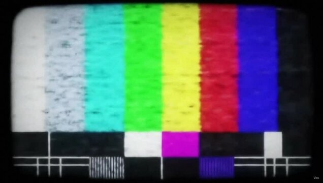 Horizontal colored static bars on a black background with glitch and noise effects, simulating TV signal test pattern and analog broadcast interference for retro technology visualization.

