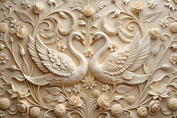 Cream Colored Relief of Swans and Flowers