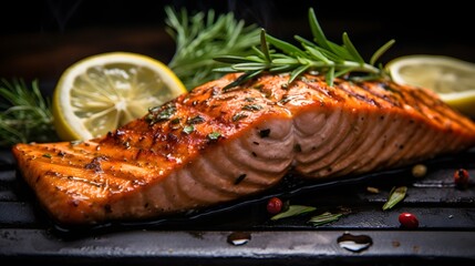 Gourmet Grilled Salmon: A close-up shot of a perfectly grilled salmon fillet, adorned with fresh herbs, lemon slices, and peppercorns, capturing the essence of fine dining and culinary delight.