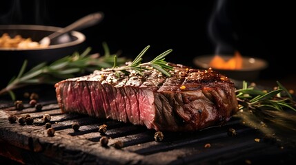 Appetizing Steak: A mouthwatering, perfectly grilled steak rests on a dark surface, accompanied by aromatic herbs, peppercorns, and a blurred background.