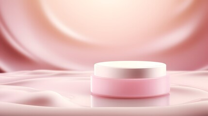 Beauty product showcase: A minimalistic studio shot presenting a product container nestled amidst luxurious, flowing fabrics, exuding a sense of elegance and sophistication.