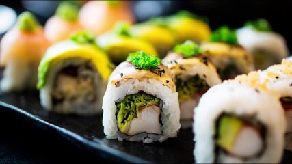 An array of sushi rolls elegantly arranged on a dark surface.