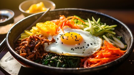 Bibimbap Delight: An artfully arranged serving of Bibimbap, a traditional Korean dish, showcases a colorful medley of fresh vegetables, savory meats, a perfectly fried egg.