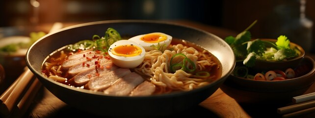 Delectable Ramen: An inviting bowl of ramen with perfectly boiled egg and fresh herbs, beautifully arranged and ready to tantalize the senses.