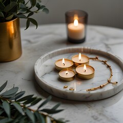 Minimalist Hygge with Tealight Candles on Marble Tray and Greenery

