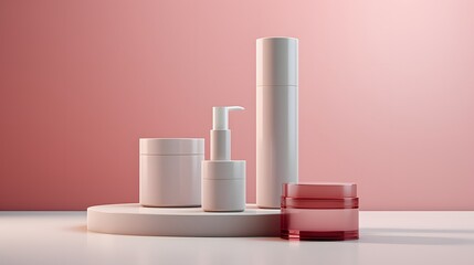 Elegant Beauty Essentials: A minimalist product presentation showcasing a curated selection of cosmetic containers set against a soft, gradient backdrop.