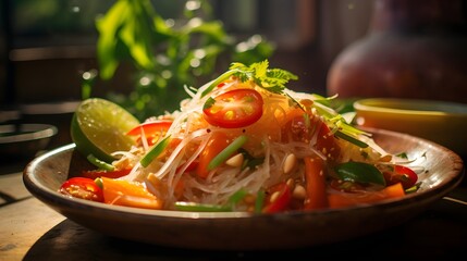 Exotic Salad: A vibrant food scene, showcasing a culinary masterpiece. Garnished with fresh herbs and a touch of lime.