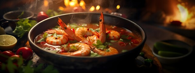 Aromatic Shrimp Stew: A close-up shot of a sizzling pan, the scene is a symphony of vibrant colors and textures, with succulent shrimp. The rich broth simmers.