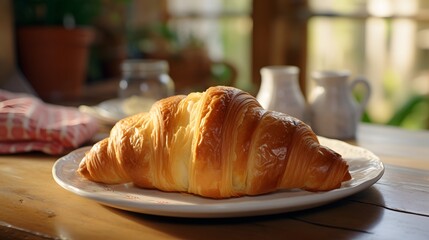 Golden Croissant on a Plate: An appetizing and fresh golden croissant sits on a pristine plate, set against a wooden table, illuminated by soft sunlight and natural light from the window.