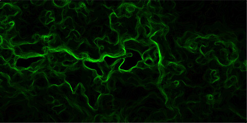 Abstract dark background vivid neon green smoke or plasma-like wisps swirling against a black void.  Fluid and dynamic, with glowing, thread-like filaments creating intricate patterns  sci-fi digital 