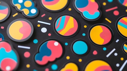 Abstract Shapes: A vibrant, close-up shot of colorful abstract shapes artfully arranged against a deep, dark backdrop, presenting a modern and visually engaging design composition.