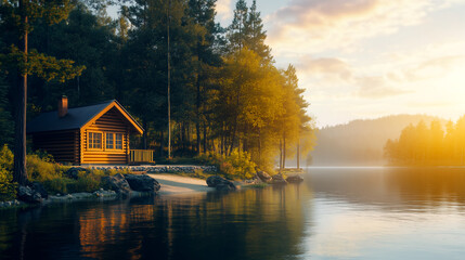 Cozy log cabin by the tranquil lake at sunset surrounded by lush greenery and mountains