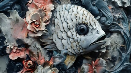 Carved Fish: A close-up shot showcases an intricately carved fish sculpture surrounded by delicate floral details. Capturing the artistic craftsmanship and the serene beauty of the underwater motif.