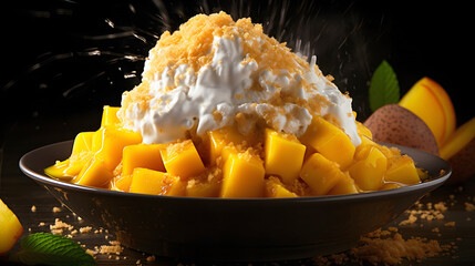 Mango Delight: A delectable and refreshing mango dessert, featuring ripe mango chunks generously topped with a cloud of whipped cream and a sprinkle of crumble, a symphony of taste and texture.