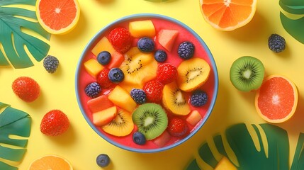 Bursting with Tropical Delight: A vibrant smoothie bowl artfully arranged, boasting a spectrum of fresh fruit and a refreshing aesthetic