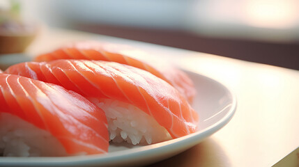 Sushi Feast: A close-up shot of meticulously crafted sushi featuring vibrant salmon atop perfectly formed rice. Capturing the essence of culinary artistry.