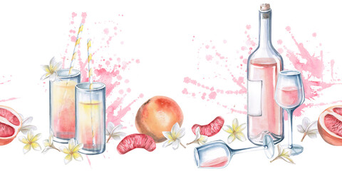 Seamless border with wine bottle, glass, splashes and grapefruit. Isolated watercolor illustration on the theme of a beach party for the design of textiles, restaurants, printing on clothes