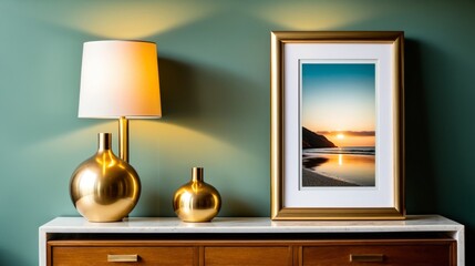 The room is decorated with a green wall and a gold lamp