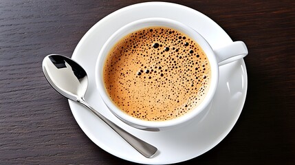Fototapeta premium Overhead view of a steaming cup of black coffee on a saucer with a spoon, atop a dark wood surface