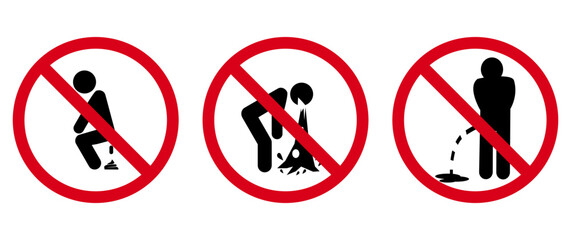 No Urinating Defecating or Vomiting Here Signs Set, Public Hygiene Prohibition Symbol