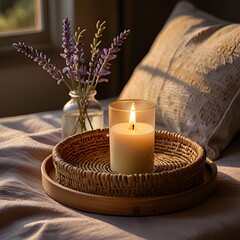 Hygge Ambiance with Glowing Candle and Lavender on Woven Tray
