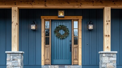 Rustic entryway with blue door and wood accents