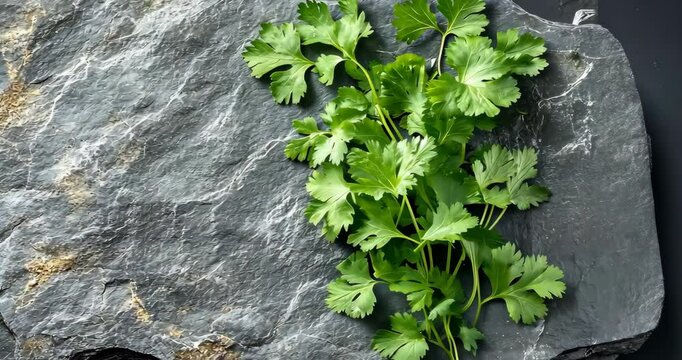 Close-up of fresh coriander leaves on a dark slate background.