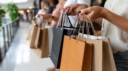 Close-up of a woman's hand showcasing designer shopping bags while family and friends celebrate in a chic boutique environment