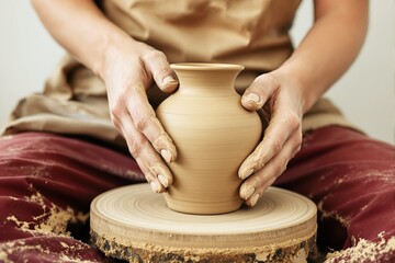 Close-up of hands crafting a clay vase on a pottery wheel in natural light, realistic style, neutral indoor background, concept of handmade art. Ai generative