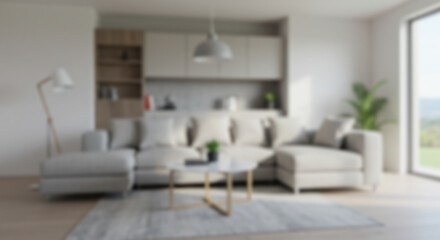a modern blur background living room with a large, comfortable sectional sofa, framed artwork, and abundant natural light creating an inviting atmosphere 12