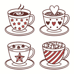 Four cute illustrated coffee cups with saucers