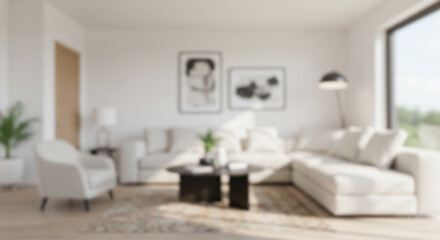 a modern blur background living room with a large, comfortable sectional sofa, framed artwork, and...