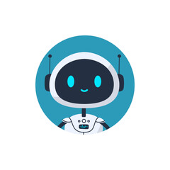 Cute smiling robot avatar icon in a blue circle. Flat vector illustration of a futuristic chatbot character with antennas. Perfect for AI assistant or tech profile