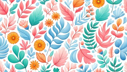 Fototapeta premium Vibrant Floral Pattern A Colorful Seamless Design of Leaves and Flowers