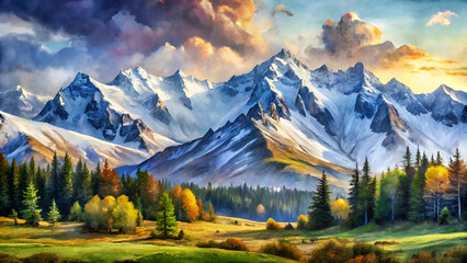 Oil Painting of a Mountain Landscape with Autumn Trees