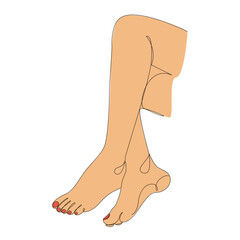 Silhouettes of human legs, feet in modern one line style. Red painted nails. Continuous line drawing, stickers, logo. Vector illustration