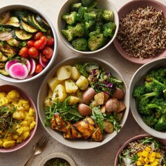 Assorted healthy bowls food display on white background