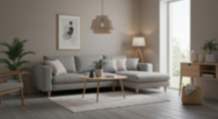 a modern blur background living room with a large, comfortable sectional sofa, framed artwork, and abundant natural light creating an inviting atmosphere 2
