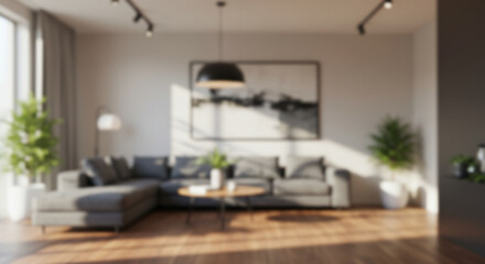 a modern blur background living room with a large, comfortable sectional sofa, framed artwork, and abundant natural light creating an inviting atmosphere 1