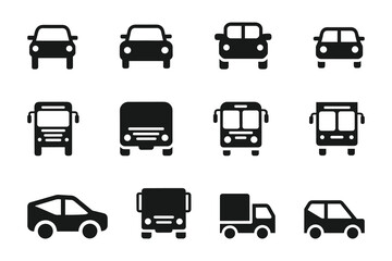 Car Truck  and Bus Vector Icon Set   Black Silhouette Vehicles for Web Mobile App  and Graphic Design Projects. vector