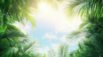 Tropical palm leaves frame a bright sky, ideal for summer vacation brochures or travel websites