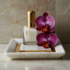 Luxurious Orchid and Gold Skincare Products on White Marble Tray
