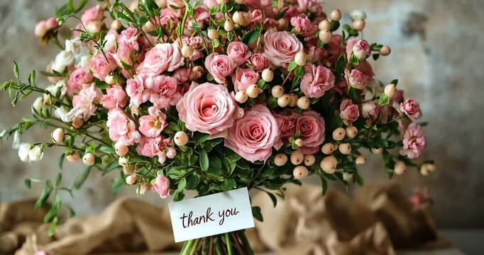 A bouquet of pink roses with a thank you card, expressing gratitude and appreciation.