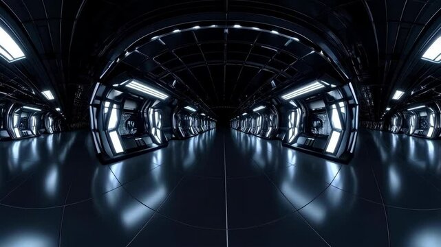 Futuristic metallic interior with illuminated doorways and panels in a long, abstract tunnel or corridor with glossy floor and grid ceiling design.