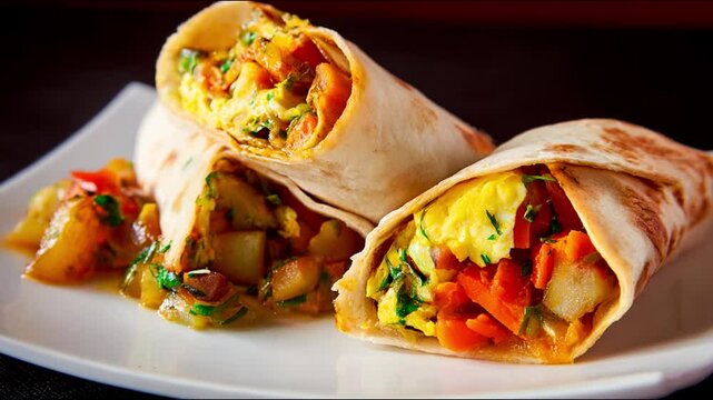 A Stack of savory breakfast burritos on white plate.